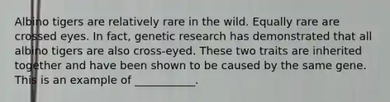 Albino tigers are relatively rare in the wild. Equally rare are crossed eyes. In fact, genetic research has demonstrated that all albino tigers are also cross-eyed. These two traits are inherited together and have been shown to be caused by the same gene. This is an example of ___________.