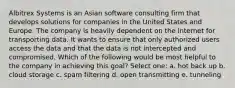 Albitrex Systems is an Asian software consulting firm that develops solutions for companies in the United States and Europe. The company is heavily dependent on the Internet for transporting data. It wants to ensure that only authorized users access the data and that the data is not intercepted and compromised. Which of the following would be most helpful to the company in achieving this goal? Select one: a. hot back up b. cloud storage c. spam filtering d. open transmitting e. tunneling