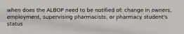 when does the ALBOP need to be notified of: change in owners, employment, supervising pharmacists, or pharmacy student's status