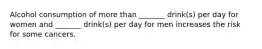 Alcohol consumption of more than _______ drink(s) per day for women and _______ drink(s) per day for men increases the risk for some cancers.