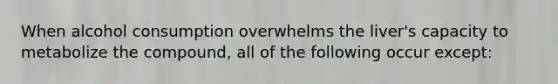 When alcohol consumption overwhelms the liver's capacity to metabolize the compound, all of the following occur except: