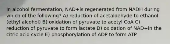 In alcohol fermentation, NAD+is regenerated from NADH during which of the following? A) reduction of acetaldehyde to ethanol (ethyl alcohol) B) oxidation of pyruvate to acetyl CoA C) reduction of pyruvate to form lactate D) oxidation of NAD+in the citric acid cycle E) phosphorylation of ADP to form ATP