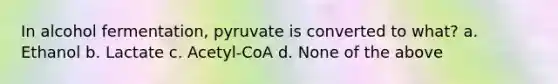 In alcohol fermentation, pyruvate is converted to what? a. Ethanol b. Lactate c. Acetyl-CoA d. None of the above