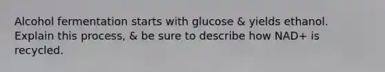 Alcohol fermentation starts with glucose & yields ethanol. Explain this process, & be sure to describe how NAD+ is recycled.