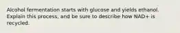 Alcohol fermentation starts with glucose and yields ethanol. Explain this process, and be sure to describe how NAD+ is recycled.