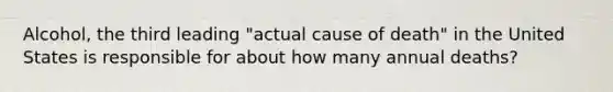 Alcohol, the third leading "actual cause of death" in the United States is responsible for about how many annual deaths?