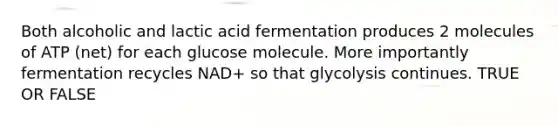 Both alcoholic and lactic acid fermentation produces 2 molecules of ATP (net) for each glucose molecule. More importantly fermentation recycles NAD+ so that glycolysis continues. TRUE OR FALSE