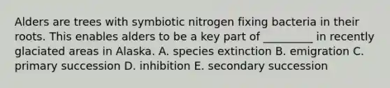 Alders are trees with symbiotic nitrogen fixing bacteria in their roots. This enables alders to be a key part of _________ in recently glaciated areas in Alaska. A. species extinction B. emigration C. primary succession D. inhibition E. secondary succession