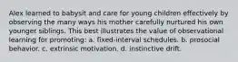 Alex learned to babysit and care for young children effectively by observing the many ways his mother carefully nurtured his own younger siblings. This best illustrates the value of observational learning for promoting: a. fixed-interval schedules. b. prosocial behavior. c. extrinsic motivation. d. instinctive drift.