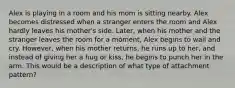 Alex is playing in a room and his mom is sitting nearby. Alex becomes distressed when a stranger enters the room and Alex hardly leaves his mother's side. Later, when his mother and the stranger leaves the room for a moment, Alex begins to wail and cry. However, when his mother returns, he runs up to her, and instead of giving her a hug or kiss, he begins to punch her in the arm. This would be a description of what type of attachment pattern?