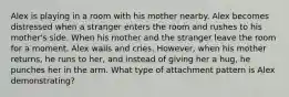 Alex is playing in a room with his mother nearby. Alex becomes distressed when a stranger enters the room and rushes to his mother's side. When his mother and the stranger leave the room for a moment, Alex wails and cries. However, when his mother returns, he runs to her, and instead of giving her a hug, he punches her in the arm. What type of attachment pattern is Alex demonstrating?