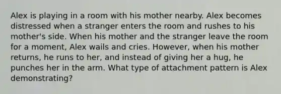 Alex is playing in a room with his mother nearby. Alex becomes distressed when a stranger enters the room and rushes to his mother's side. When his mother and the stranger leave the room for a moment, Alex wails and cries. However, when his mother returns, he runs to her, and instead of giving her a hug, he punches her in the arm. What type of attachment pattern is Alex demonstrating?