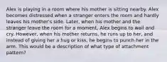 Alex is playing in a room where his mother is sitting nearby. Alex becomes distressed when a stranger enters the room and hardly leaves his mother's side. Later, when his mother and the stranger leave the room for a moment, Alex begins to wail and cry. However, when his mother returns, he runs up to her, and instead of giving her a hug or kiss, he begins to punch her in the arm. This would be a description of what type of attachment pattern?