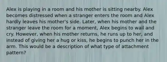 Alex is playing in a room and his mother is sitting nearby. Alex becomes distressed when a stranger enters the room and Alex hardly leaves his mother's side. Later, when his mother and the stranger leave the room for a moment, Alex begins to wail and cry. However, when his mother returns, he runs up to her, and instead of giving her a hug or kiss, he begins to punch her in the arm. This would be a description of what type of attachment pattern?