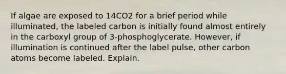 If algae are exposed to 14CO2 for a brief period while illuminated, the labeled carbon is initially found almost entirely in the carboxyl group of 3-phosphoglycerate. However, if illumination is continued after the label pulse, other carbon atoms become labeled. Explain.