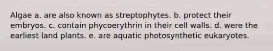 Algae a. are also known as streptophytes. b. protect their embryos. c. contain phycoerythrin in their cell walls. d. were the earliest land plants. e. are aquatic photosynthetic eukaryotes.