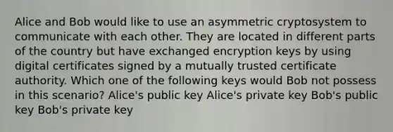 Alice and Bob would like to use an asymmetric cryptosystem to communicate with each other. They are located in different parts of the country but have exchanged encryption keys by using digital certificates signed by a mutually trusted certificate authority. Which one of the following keys would Bob not possess in this scenario? Alice's public key Alice's private key Bob's public key Bob's private key