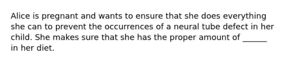 Alice is pregnant and wants to ensure that she does everything she can to prevent the occurrences of a neural tube defect in her child. She makes sure that she has the proper amount of ______ in her diet.
