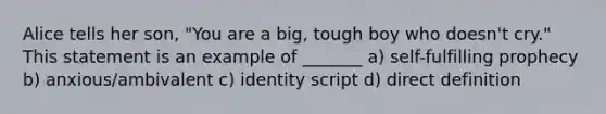 Alice tells her son, "You are a big, tough boy who doesn't cry." This statement is an example of _______ a) self-fulfilling prophecy b) anxious/ambivalent c) identity script d) direct definition