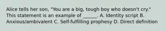 Alice tells her son, "You are a big, tough boy who doesn't cry." This statement is an example of ______. A. Identity script B. Anxious/ambivalent C. Self-fulfilling prophesy D. Direct definition