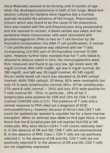 Alicia Melendez seemed to be thriving until 6 months of age when she developed pneumonia in both of her lungs. Blood and sputum cultures for bacteria were negative but a tracheal aspirate revealed the presence of the fungus, Pneumosystis jirovecii which was found to be the cause of her pneumonia. Alice was treated with the anti-Pneumocystis drug pentamidine and she seemed to recover. A blood sample was taken and her peripheral blood mononuclear cells were stimulated with phytohemagglutinin (PHA) to test for T cell function by 3H-thymidine incorporation into DNA (T cell proliferation). A normal T cell proliferative response was obtained with her T cells incorporating 114,050 cpm of 3H-thymidine (normal 75,000 cpm). However further tests revealed that her T cells failed to respond to tetanus toxoid in vitro. Her immunoglobulins were then measured and found to be very low. IgG levels were 96 mg/dl (normal; 600-1400 mg/dl), IgA was 6 mg/dl (normal; 60-380 mg/dl), and IgM was 30 mg/dl (normal; 40-345 mg/dl). Alicia's white blood cell count was elevated at 20,999 cells/µl (normal; 4000-7000 cells/µl). Of these, 82% were neutrophils but only 10 % were lymphocytes (normal 30%). Of her lymphocytes, 27% were B cells (normal ~ 20%) and only 47% were positive for T cells (normal 60 - 70%). In particular , 34% of her T lymphocytes were positive for CD8 and 10% for CD4 T cells (normal CD4/CD8 ratio is 2:1). The presence of T cells and a normal response to PHA ruled out a diagnosis of SCID immunodeficiency, however because of Alicia's low CD4 T cell count her pediatrician wanted to consider her for a bone marrow transplant. When an attempt was made to HLA type Alicia, it was found that her B lymphocytes did not express HLA-DQ or DR molecules. Why were Alicia's CD4+ T cell counts relatively low? A. In the absence of DR and DQ, CD8 T cells are overexpressed B. In the absence of MHC Class I, CD4 T cells are not positively selected C. In the absence of DR and DQ, CD4 T cells are not positively selected D. In the absence of DR and DQ, CD4 T cells are not negatively expressed