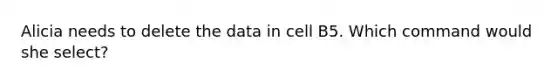 Alicia needs to delete the data in cell B5. Which command would she select?