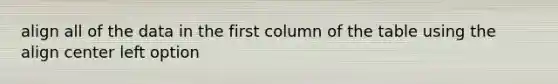 align all of the data in the first column of the table using the align center left option