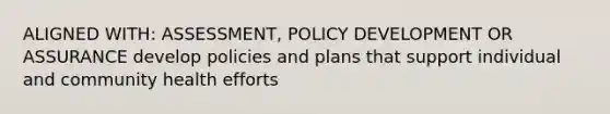 ALIGNED WITH: ASSESSMENT, POLICY DEVELOPMENT OR ASSURANCE develop policies and plans that support individual and community health efforts