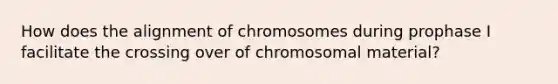 How does the alignment of chromosomes during prophase I facilitate the crossing over of chromosomal material?