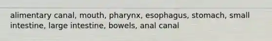 alimentary canal, mouth, pharynx, esophagus, stomach, small intestine, large intestine, bowels, anal canal