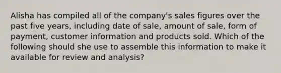 Alisha has compiled all of the company's sales figures over the past five years, including date of sale, amount of sale, form of payment, customer information and products sold. Which of the following should she use to assemble this information to make it available for review and analysis?