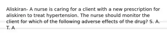 Aliskiran- A nurse is caring for a client with a new prescription for aliskiren to treat hypertension. The nurse should monitor the client for which of the following adverse effects of the drug? S. A. T. A