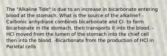 The "Alkaline Tide" is due to an increase in bicarbonate entering blood at the stomach. What is the source of the alkaline? - Carbonic anhydrase combines bicarbonate and Cl- to form bicarbonate in the stomach, then transports it into the blood. -HCl moved from the lumen of the stomach into the chief cell then into the blood. -Bicarbonate from the production of HCl in Parietal cells