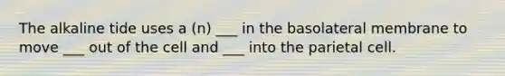 The alkaline tide uses a (n) ___ in the basolateral membrane to move ___ out of the cell and ___ into the parietal cell.