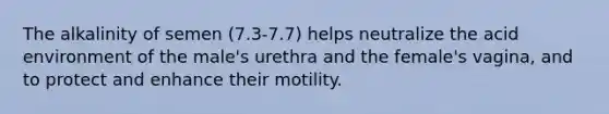 The alkalinity of semen (7.3-7.7) helps neutralize the acid environment of the male's urethra and the female's vagina, and to protect and enhance their motility.