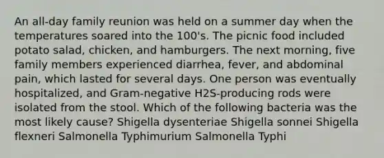 An all-day family reunion was held on a summer day when the temperatures soared into the 100's. The picnic food included potato salad, chicken, and hamburgers. The next morning, five family members experienced diarrhea, fever, and abdominal pain, which lasted for several days. One person was eventually hospitalized, and Gram-negative H2S-producing rods were isolated from the stool. Which of the following bacteria was the most likely cause? Shigella dysenteriae Shigella sonnei Shigella flexneri Salmonella Typhimurium Salmonella Typhi