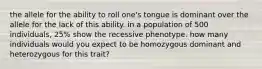 the allele for the ability to roll one's tongue is dominant over the allele for the lack of this ability. in a population of 500 individuals, 25% show the recessive phenotype. how many individuals would you expect to be homozygous dominant and heterozygous for this trait?