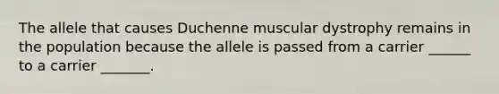 The allele that causes Duchenne muscular dystrophy remains in the population because the allele is passed from a carrier ______ to a carrier _______.