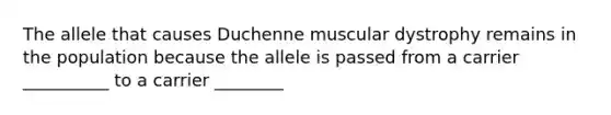 The allele that causes Duchenne muscular dystrophy remains in the population because the allele is passed from a carrier __________ to a carrier ________