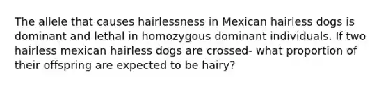 The allele that causes hairlessness in Mexican hairless dogs is dominant and lethal in homozygous dominant individuals. If two hairless mexican hairless dogs are crossed- what proportion of their offspring are expected to be hairy?