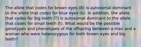 The allele that codes for brown eyes (B) is autosomal dominant to the allele that codes for blue eyes (b). In addition, the allele that codes for big teeth (T) is autosomal dominant to the allele that codes for small teeth (t). What would be the possible genotypes and phenotypes of the offspring between a man and a woman who were heterozygous for both brown eyes and big teeth?