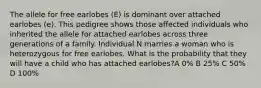 The allele for free earlobes (E) is dominant over attached earlobes (e). This pedigree shows those affected individuals who inherited the allele for attached earlobes across three generations of a family. Individual N marries a woman who is heterozygous for free earlobes. What is the probability that they will have a child who has attached earlobes?A 0% B 25% C 50% D 100%