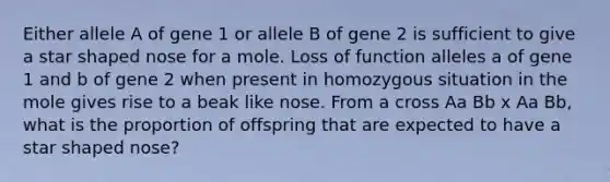 Either allele A of gene 1 or allele B of gene 2 is sufficient to give a star shaped nose for a mole. Loss of function alleles a of gene 1 and b of gene 2 when present in homozygous situation in the mole gives rise to a beak like nose. From a cross Aa Bb x Aa Bb, what is the proportion of offspring that are expected to have a star shaped nose?