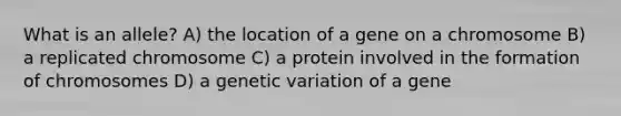 What is an allele? A) the location of a gene on a chromosome B) a replicated chromosome C) a protein involved in the formation of chromosomes D) a genetic variation of a gene