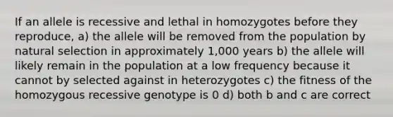 If an allele is recessive and lethal in homozygotes before they reproduce, a) the allele will be removed from the population by natural selection in approximately 1,000 years b) the allele will likely remain in the population at a low frequency because it cannot by selected against in heterozygotes c) the fitness of the homozygous recessive genotype is 0 d) both b and c are correct