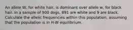 An allele W, for white hair, is dominant over allele w, for black hair. In a sample of 900 dogs, 891 are white and 9 are black. Calculate the allelic frequencies within this population, assuming that the population is in H-W equilibrium.