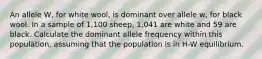 An allele W, for white wool, is dominant over allele w, for black wool. In a sample of 1,100 sheep, 1,041 are white and 59 are black. Calculate the dominant allele frequency within this population, assuming that the population is in H-W equilibrium.