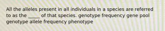 All the alleles present in all individuals in a species are referred to as the _____ of that species. genotype frequency gene pool genotype allele frequency phenotype