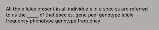 All the alleles present in all individuals in a species are referred to as the _____ of that species. gene pool genotype allele frequency phenotype genotype frequency