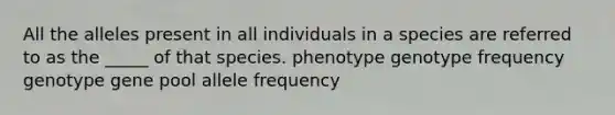 All the alleles present in all individuals in a species are referred to as the _____ of that species. phenotype genotype frequency genotype gene pool allele frequency